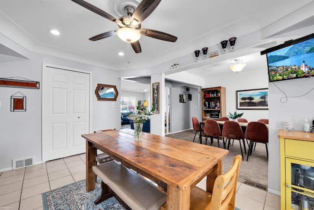 dining room featuring light tile patterned floors, ceiling fan, visible vents, and recessed lighting