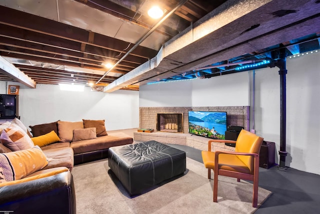 living room featuring a fireplace