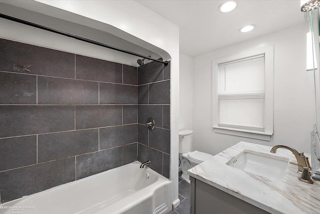 full bath with recessed lighting, shower / tub combination, toilet, and vanity