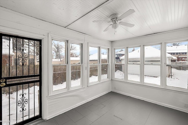 unfurnished sunroom featuring ceiling fan and wooden ceiling