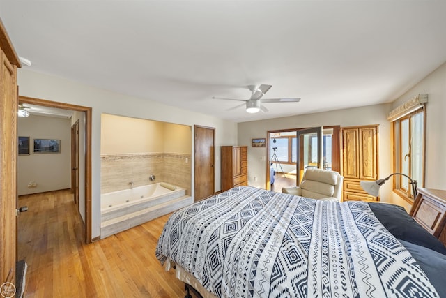 bedroom with light wood-style floors, ceiling fan, and access to outside