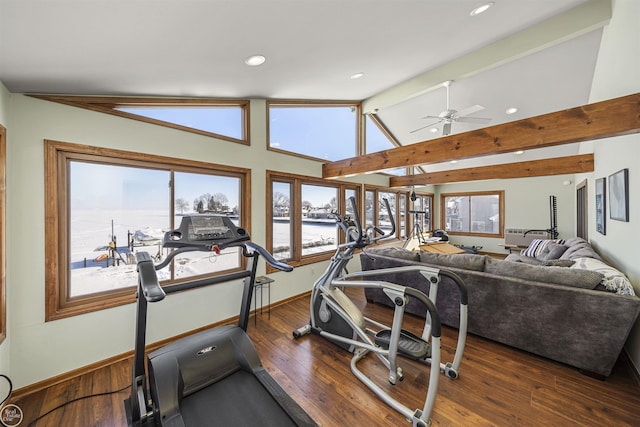 workout room featuring baseboards, a ceiling fan, dark wood-style floors, vaulted ceiling, and recessed lighting