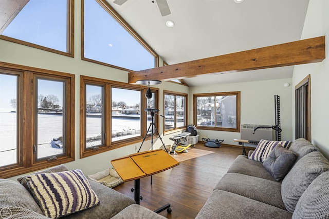 living area featuring ceiling fan, high vaulted ceiling, recessed lighting, wood finished floors, and beamed ceiling