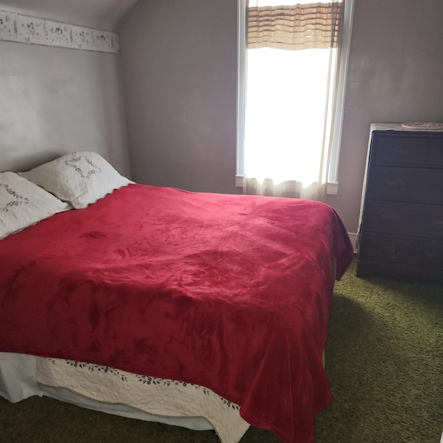 carpeted bedroom featuring vaulted ceiling