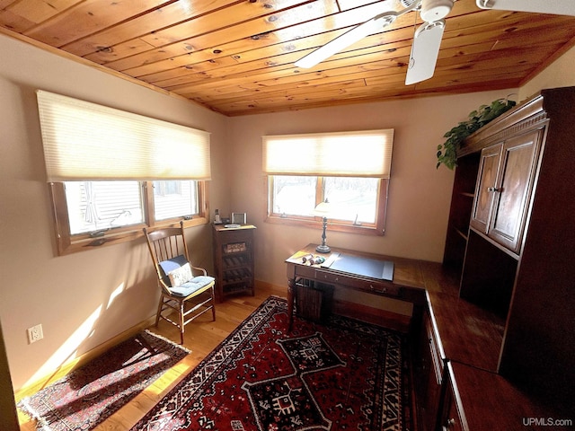 office area featuring ceiling fan, wooden ceiling, wood finished floors, and baseboards