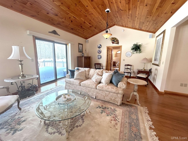 living room with visible vents, baseboards, wooden ceiling, wood finished floors, and vaulted ceiling