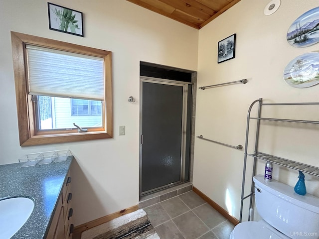 bathroom with toilet, wood ceiling, vanity, baseboards, and a stall shower