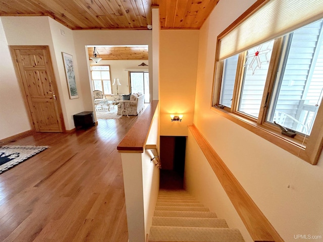 stairs featuring wood ceiling, baseboards, and wood finished floors