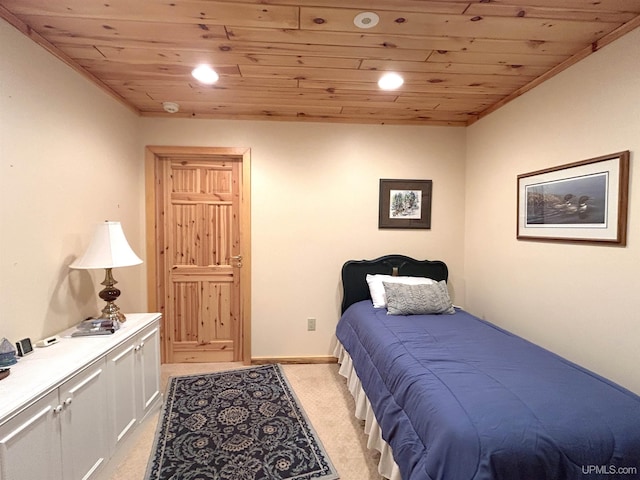 bedroom featuring recessed lighting, wooden ceiling, light colored carpet, and baseboards