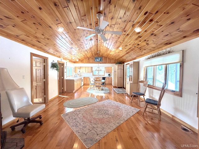 sitting room with light wood-style floors, vaulted ceiling, ceiling fan, wooden ceiling, and baseboards