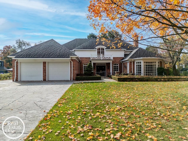 view of front of property with a garage, driveway, brick siding, and a front yard