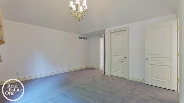 unfurnished bedroom with baseboards, visible vents, a chandelier, and light colored carpet