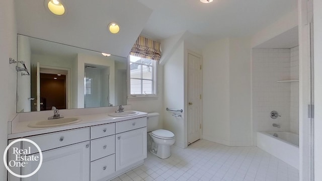 bathroom with toilet, double vanity, bathtub / shower combination, and a sink