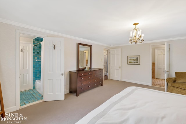 bedroom with crown molding, a notable chandelier, light colored carpet, connected bathroom, and baseboards