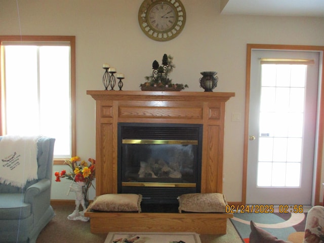 interior space with a healthy amount of sunlight and a glass covered fireplace