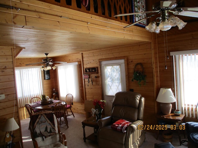 carpeted dining area featuring ceiling fan, wood ceiling, and wooden walls