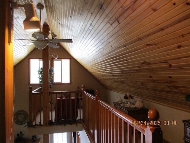 bonus room with wooden ceiling, ceiling fan, and vaulted ceiling