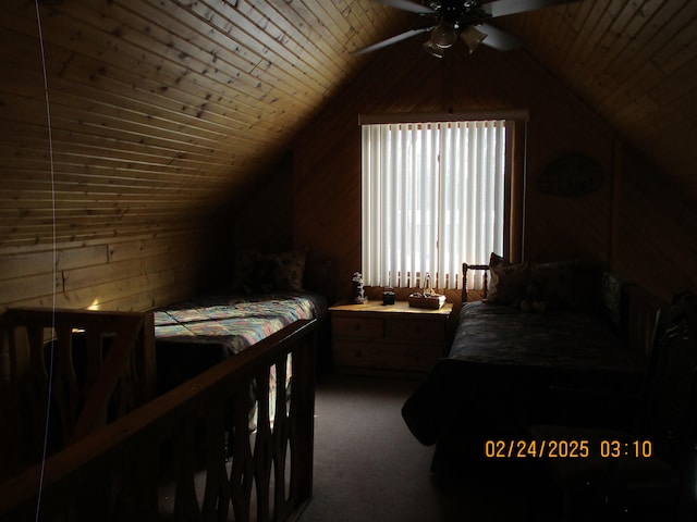 bedroom featuring wood walls, wood ceiling, vaulted ceiling, and carpet flooring