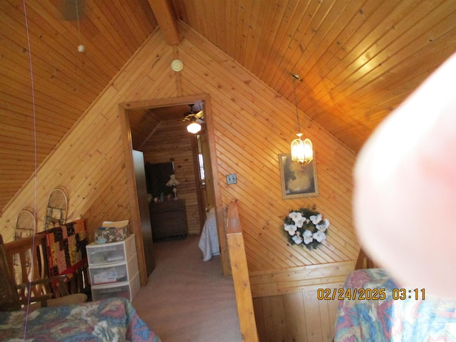 bedroom featuring wood ceiling, wooden walls, high vaulted ceiling, and beamed ceiling