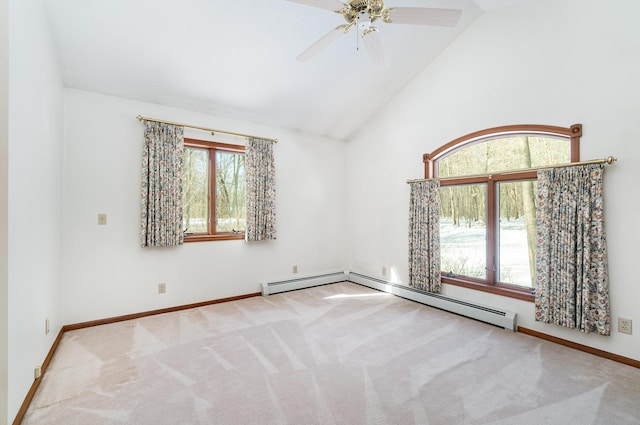 empty room with a baseboard radiator, light colored carpet, ceiling fan, high vaulted ceiling, and baseboards