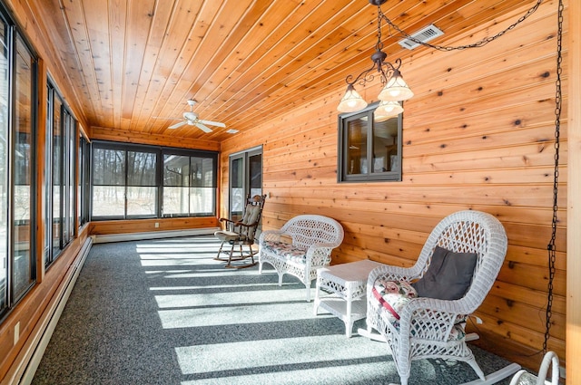 unfurnished sunroom featuring wood ceiling, baseboard heating, and visible vents