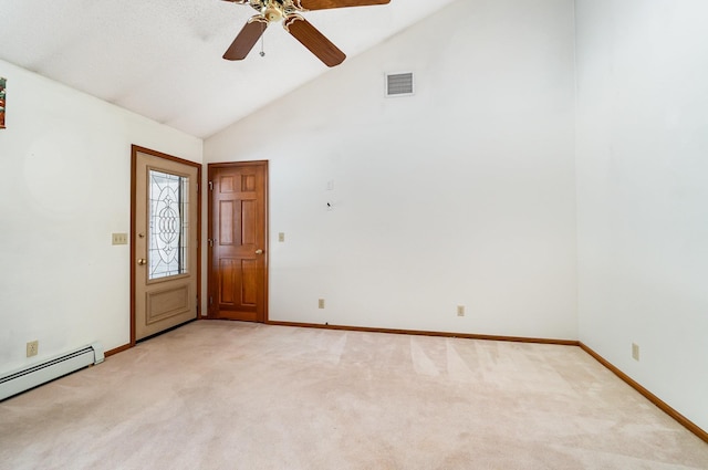 unfurnished room with baseboards, baseboard heating, visible vents, and light colored carpet