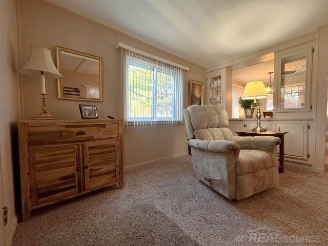 living area featuring baseboards and light colored carpet