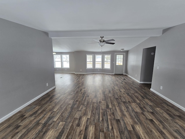 unfurnished living room with dark wood-style floors, vaulted ceiling with beams, baseboards, and ceiling fan