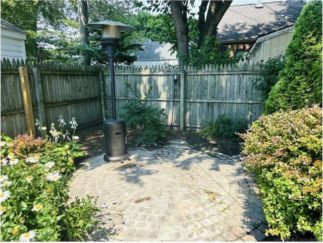 view of gate featuring a fenced backyard and a patio