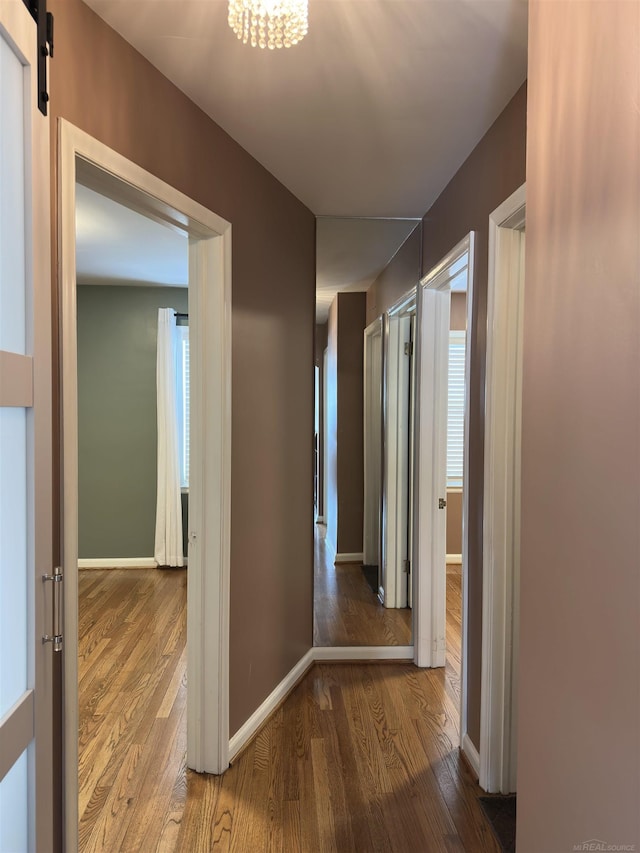 corridor with a barn door, baseboards, and wood finished floors