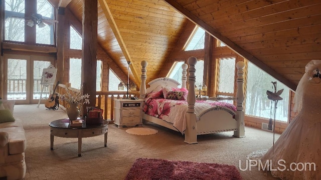 carpeted bedroom with wooden ceiling, visible vents, and vaulted ceiling