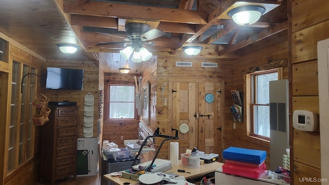 office area with wood walls, wood ceiling, visible vents, and a ceiling fan