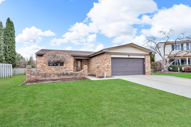 ranch-style house with brick siding, concrete driveway, fence, a garage, and a front lawn