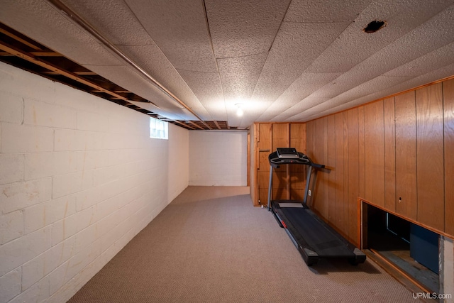 workout area with carpet floors and concrete block wall