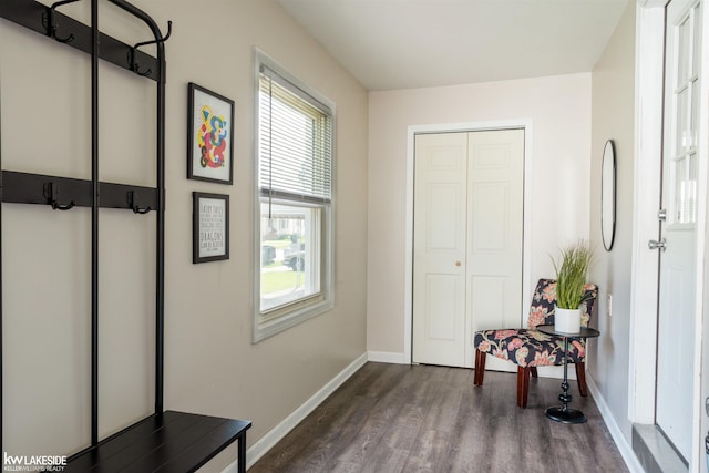 interior space with dark wood-type flooring and baseboards