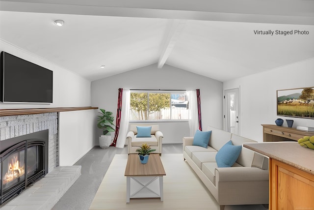 living room featuring vaulted ceiling with beams, light carpet, and a fireplace