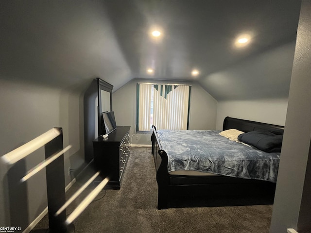 bedroom with lofted ceiling, baseboards, dark colored carpet, and recessed lighting