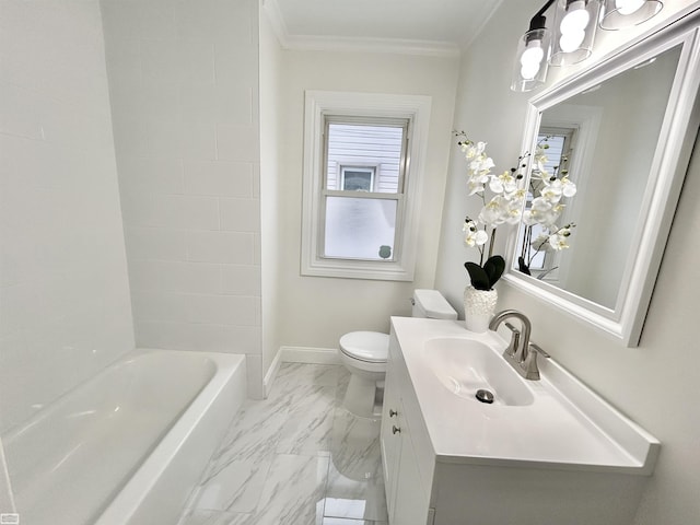 full bathroom featuring marble finish floor, crown molding, toilet, vanity, and baseboards