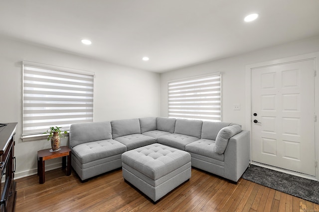 living room with wood-type flooring, baseboards, and recessed lighting