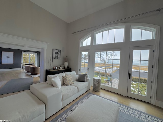 living area with a towering ceiling