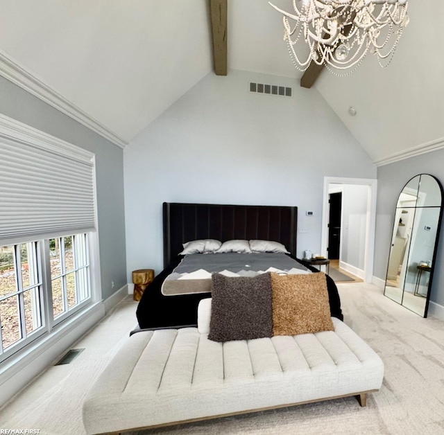 bedroom with baseboards, visible vents, beamed ceiling, and light colored carpet