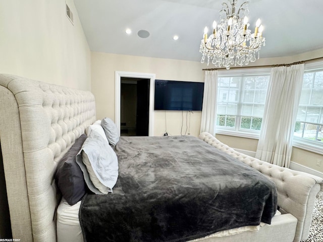 bedroom with visible vents, vaulted ceiling, and recessed lighting