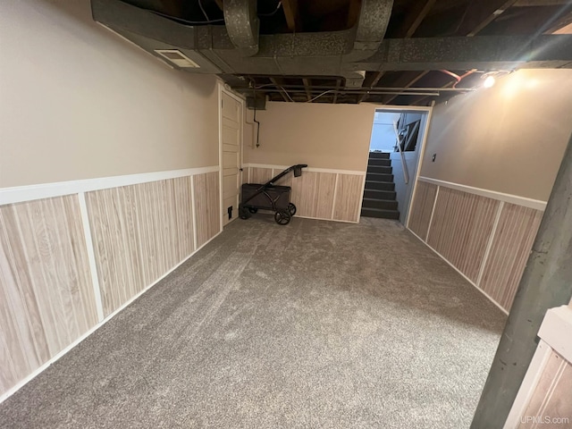 unfinished basement with a wainscoted wall and carpet floors