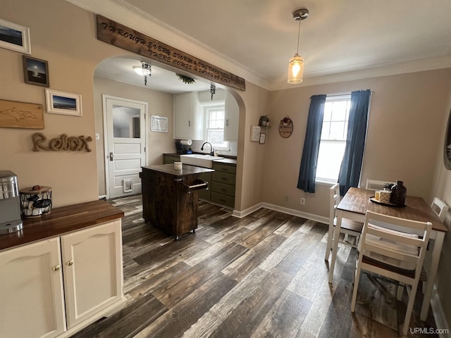 office space featuring a wealth of natural light, arched walkways, dark wood finished floors, and ornamental molding