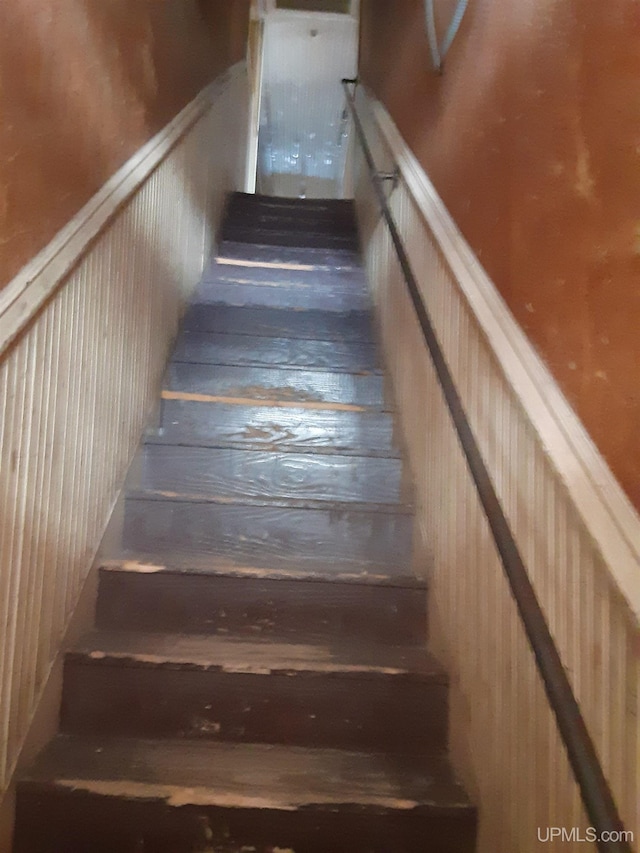 stairway with a decorative wall and wainscoting