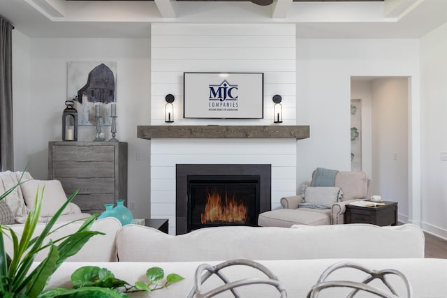 living area featuring a fireplace, wood finished floors, and baseboards