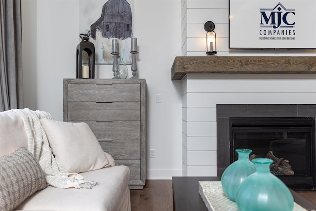 details with a fireplace, baseboards, and wood finished floors