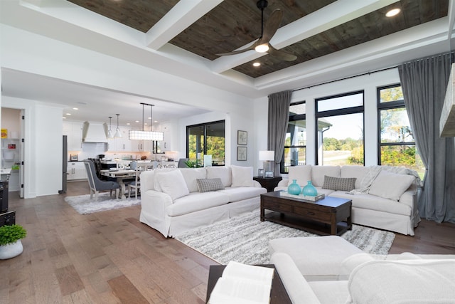 living area featuring ceiling fan, recessed lighting, wood finished floors, wood ceiling, and beamed ceiling