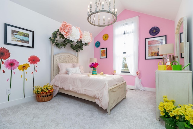 carpeted bedroom featuring a notable chandelier, vaulted ceiling, and baseboards