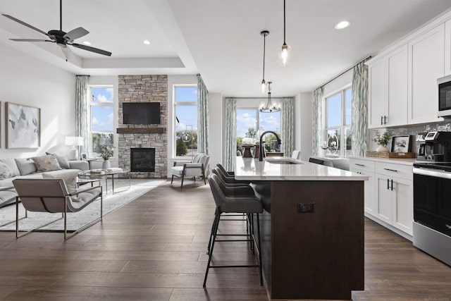 3888 Chatham Pl Unit 99, Brighton, MI 48114 - kitchen featuring dark wood-type flooring, open floor plan, a sink, and stainless steel range with electric cooktop